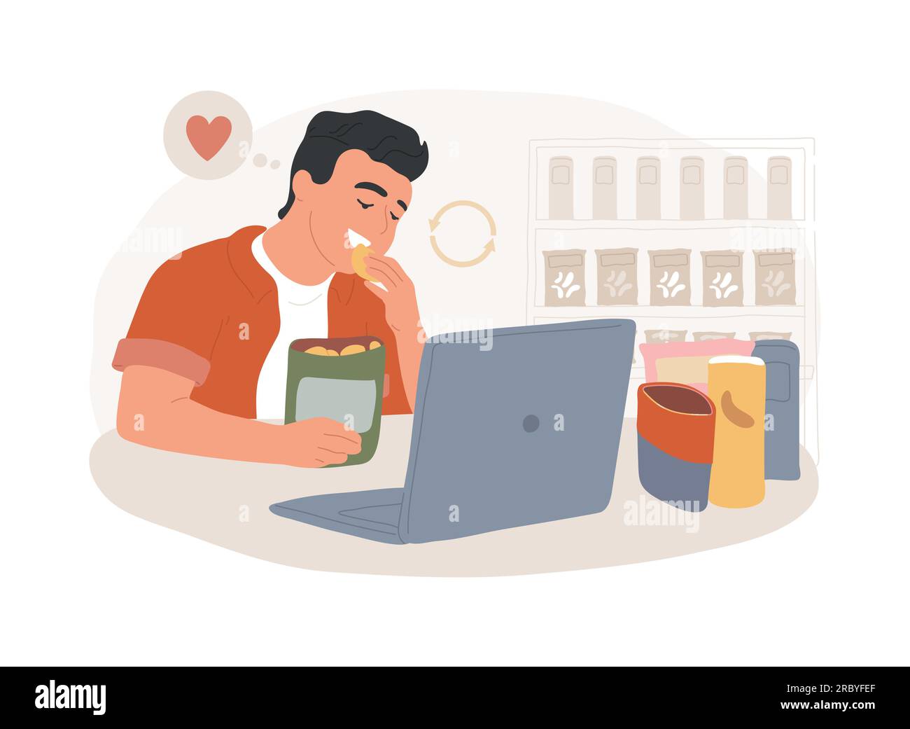 Snacking non-stop isolated concept vector illustration. Mindless snacking, junk food, non-stop eating while working, reduce cholesterol use, diet and nutrition, addictive habit vector concept. Stock Vector
