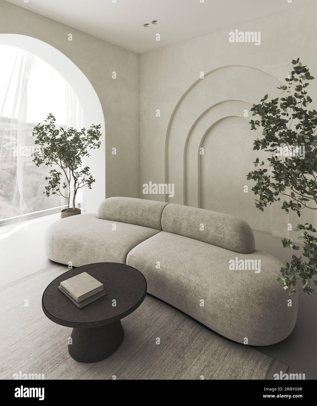 Conceptual interior room with arched stucco wall. Creative composition ...