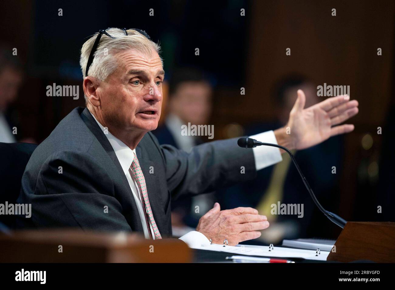 Washington, United States. 11th July, 2023. PGA Board Member Jimmy Dunne speaks during a Senate Homeland Security and Governmental Affairs Subcommittee on Investigations hearing on the PGA merger with Saudi-Arabia backed LIV Golf at the U.S. Capitol in Washington, DC on Tuesday, July 11, 2023. Photo by Bonnie Cash/UPI Credit: UPI/Alamy Live News Stock Photo