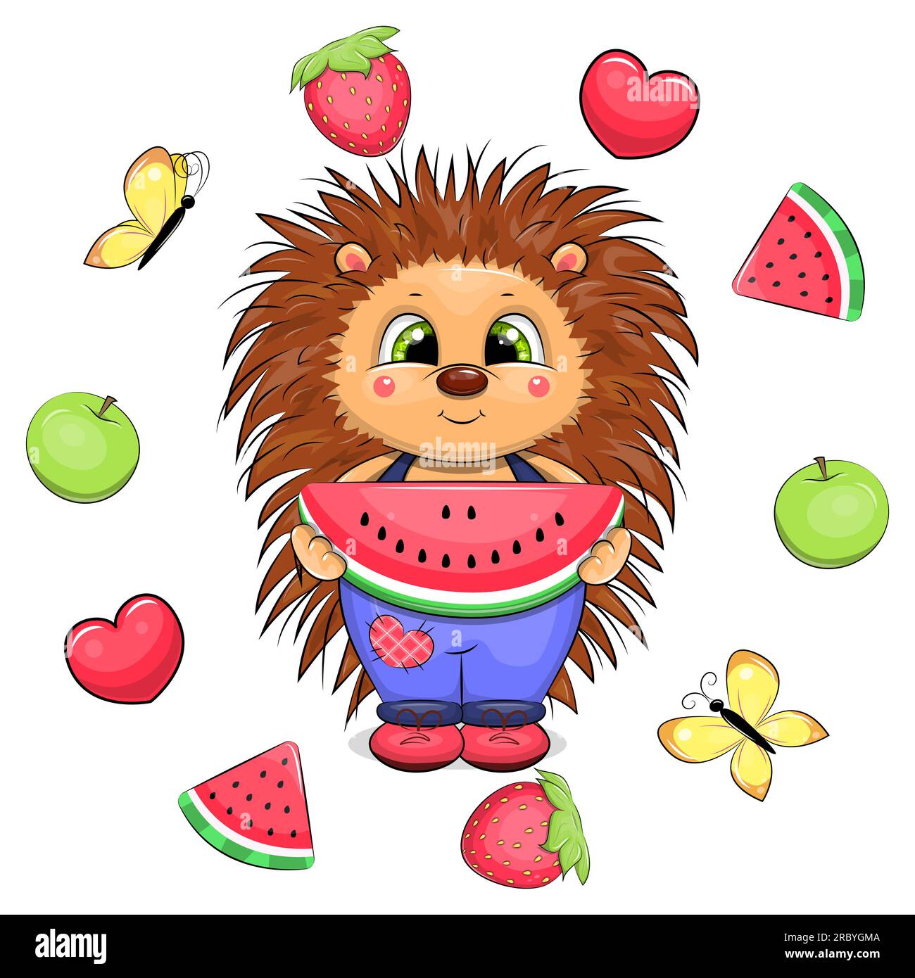 Cute cartoon hedgehog with watermelon in a fruit frame. Summer animal vector illustration with hearts, butterflies, apples, watermelons and strawberri Stock Vector