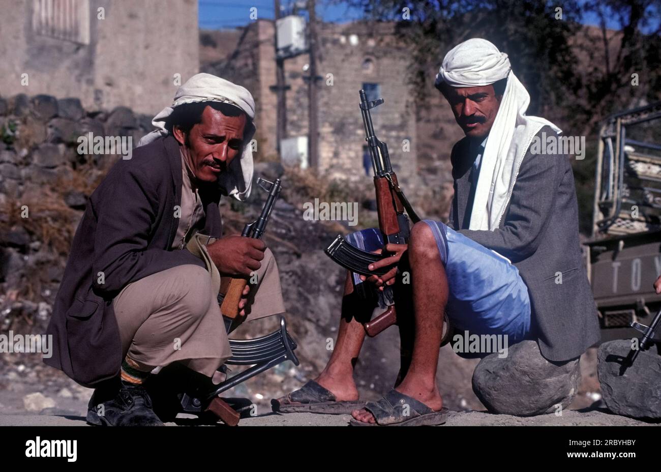 Asia Yemen Two Man with Kalashnikov Stock Photo