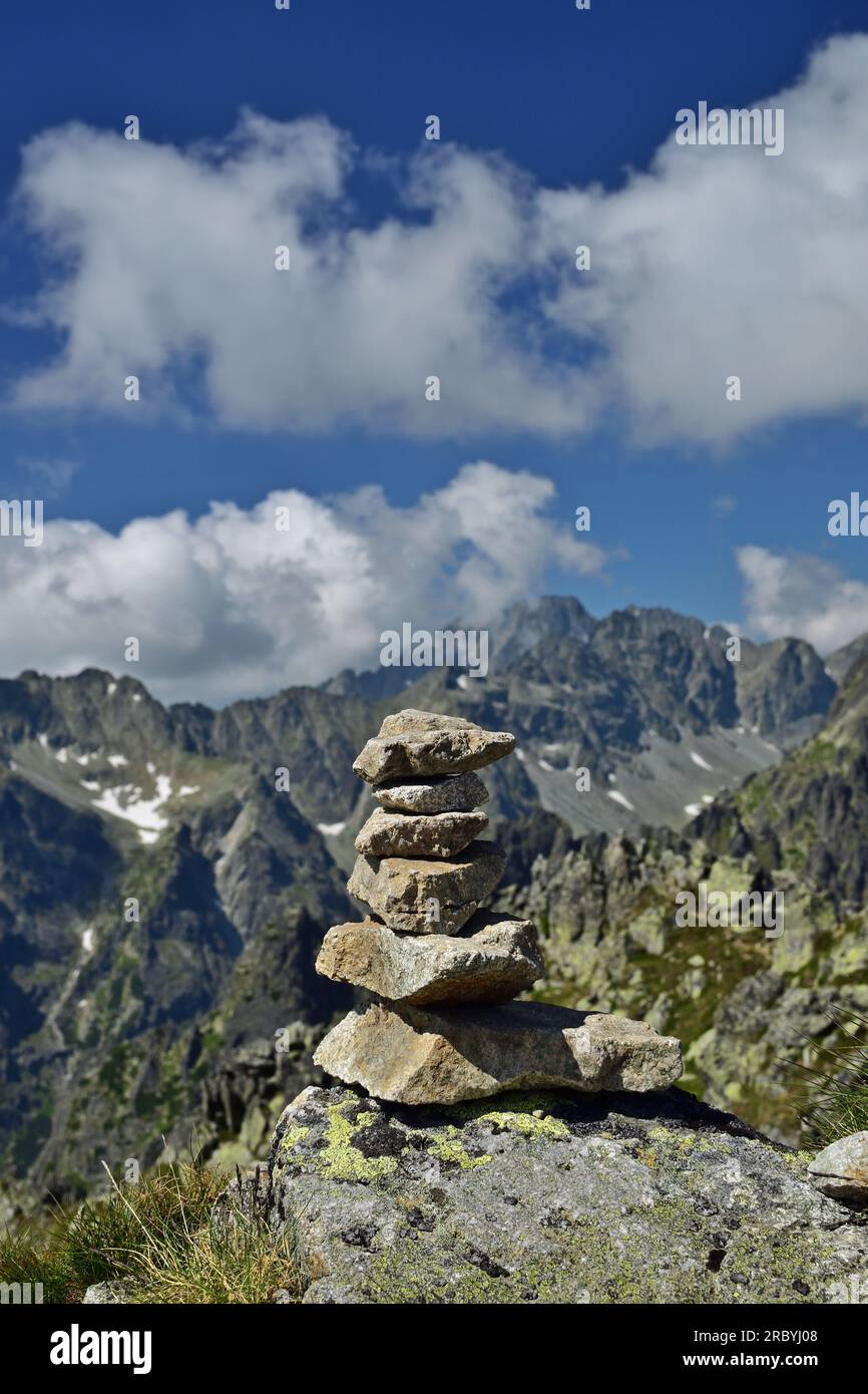 Rock pile in Lomnické sedlo, Vysoké Tatry on a summer day, vertical Stock Photo