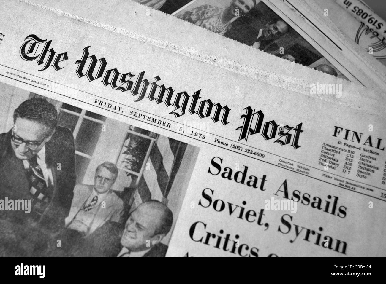 A copy of the September 5, 1975 edition of The Washington Post for sale in an American antique shop. Stock Photo