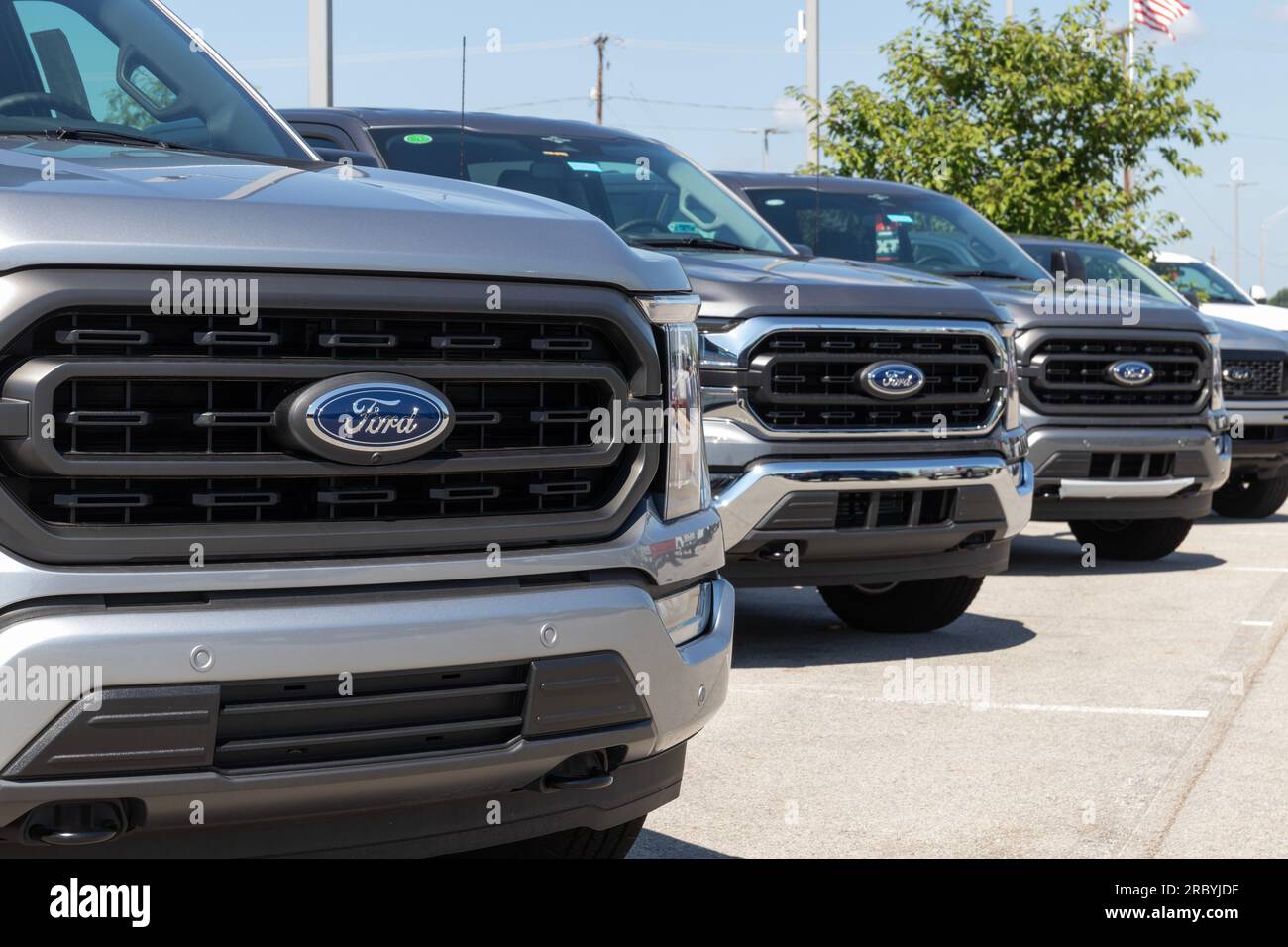 Muncie July 10, 2023 Ford F150 display at a dealership. The Ford