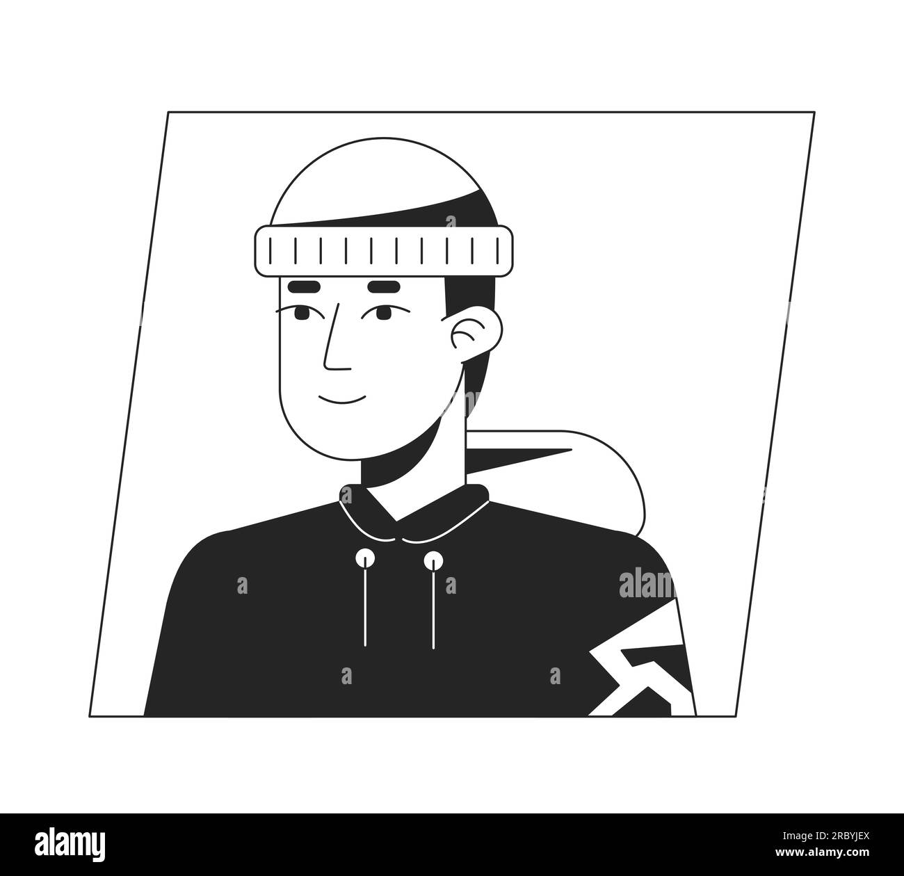 Teenager in hat and hoodie black white cartoon avatar icon Stock Vector