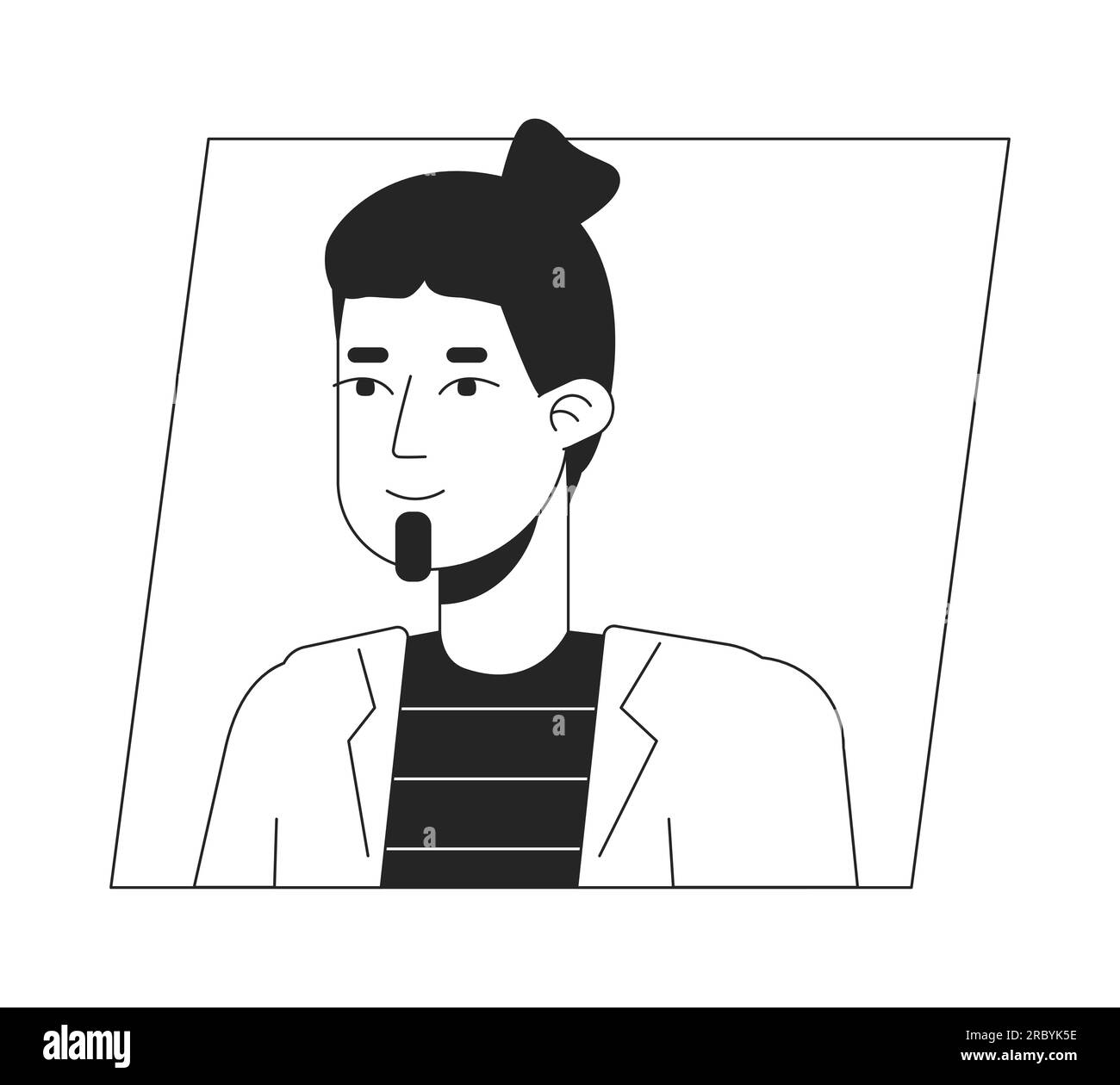 Millennial man with bun hairstyle and beard black white cartoon avatar