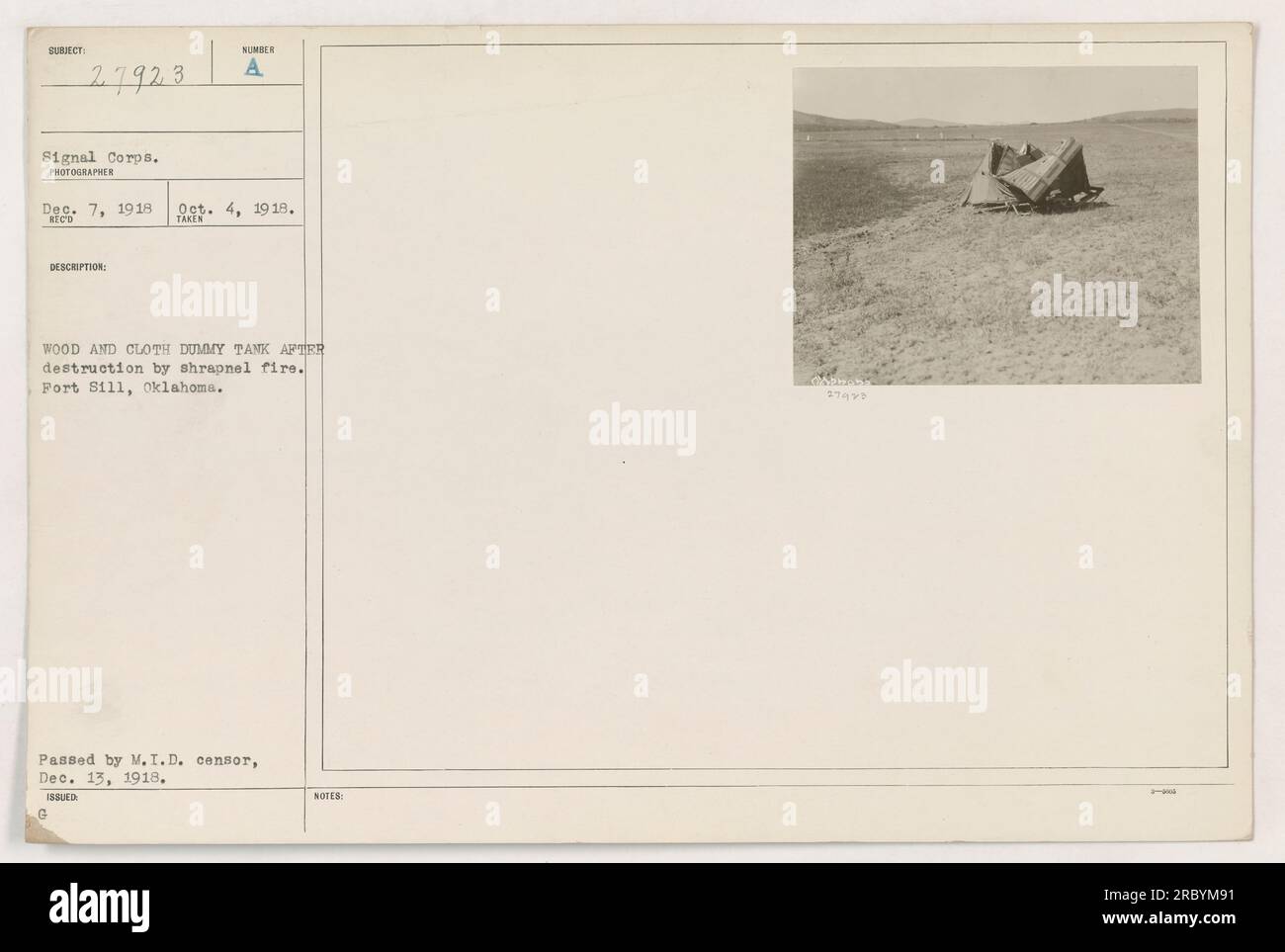 A wood and cloth dummy tank at Fort Sill, Oklahoma. This image was ...