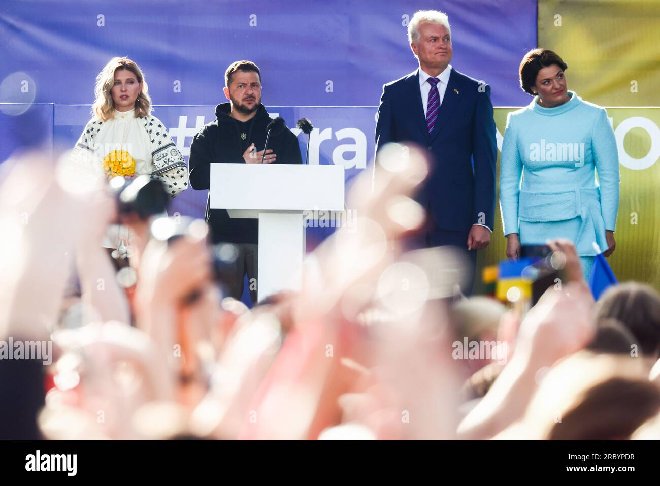 Vilnius, Lithuania. 11th July, 2023. The President of Ukraine Volodymyr Zelenskyy, his wife Olena Zelenska, the President of Lithuania Gitanas Nauseda and his wife Diana Nausediene attend 'Raising the Flag for Ukraine in NATO' event and concert in Vilnius, Lithuania on July 11, 2023. President Zelenskyy arrived to Lithuania to attend NATO Summit in Vilnius and support Ukraine in becoming a member of NATO (Credit Image: © Beata Zawrzel/ZUMA Press Wire) EDITORIAL USAGE ONLY! Not for Commercial USAGE! Stock Photo