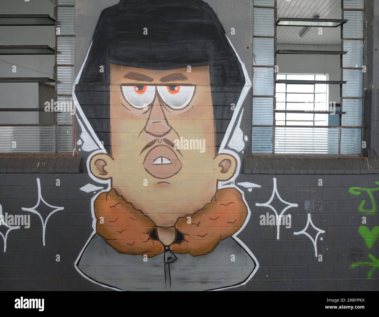 City: Marilia, São Paulo, Brazil - 2023 July 2023 : Graffiti on a masonry wall with a face in various styles and colors amid glass windows. Stock Photo