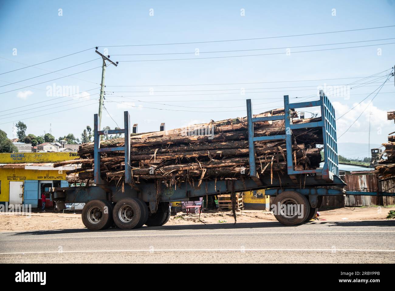A stalled truck transporting wood logs seen on a highway in Elburgon near Nakuru City. Early this month, William Ruto, The President of Kenya announced the lifting of a six-year-long ban on tree harvesting from public and community forests, a move that has raised uproar from environmental groups warning of potential long term consequences on the environment. Stock Photo