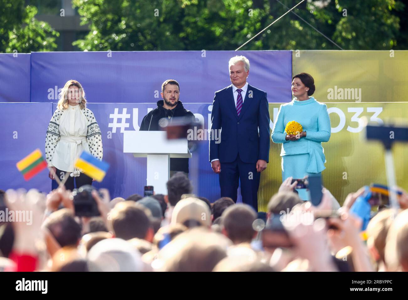 Vilnius, Lithuania. 11th July, 2023. The President of Ukraine Volodymyr Zelenskyy, his wife Olena Zelenska, the President of Lithuania Gitanas Nauseda and his wife Diana Nausediene attend 'Raising the Flag for Ukraine in NATO' event and concert in Vilnius, Lithuania on July 11, 2023. President Zelenskyy arrived to Lithuania to attend NATO Summit in Vilnius and support Ukraine in becoming a member of NATO (Credit Image: © Beata Zawrzel/ZUMA Press Wire) EDITORIAL USAGE ONLY! Not for Commercial USAGE! Stock Photo
