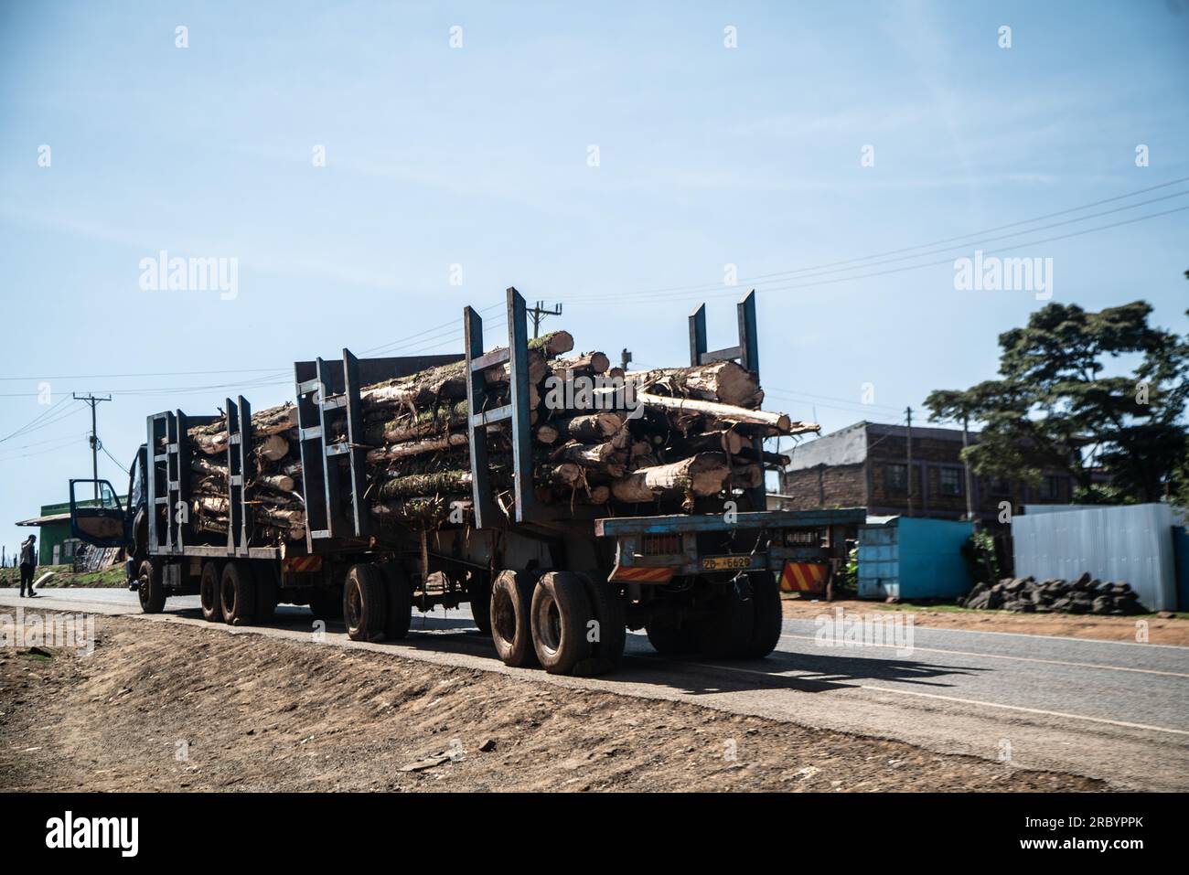 A stalled truck transporting wood logs seen on a highway in Elburgon near Nakuru City. Early this month, William Ruto, The President of Kenya announced the lifting of a six-year-long ban on tree harvesting from public and community forests, a move that has raised uproar from environmental groups warning of potential long term consequences on the environment. Stock Photo