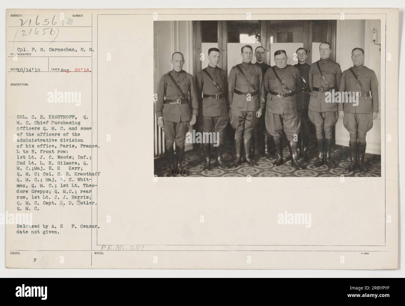 Col. C. R. Krauthoff, Chief Purchasing Officer of the Quartermaster Corps, is pictured with officers of the administrative division of his office in Paris, France. Front row, L to R: 1st Lt. J. C. Woods; 2nd Lt. L. H. Gilmore; Maj. E. H. Kerr; Col. C. R. Krauthoff; Maj. H. C. Whitman; 1st Lt. Theodore Grepps; rear row, Lt. J. J. Harris; Capt. R. D. Cutler. Photograph released by A.E.F. censor. Date not specified. Issued by PE.ML. QMC. Notes not provided. Stock Photo