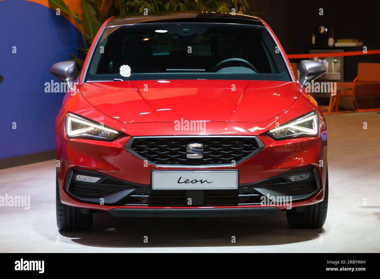 Barcelona, Spain - May 14, 2023: Seat Leon on display at Automobile Barcelona 2023 in Barcelona, Spain. Stock Photo