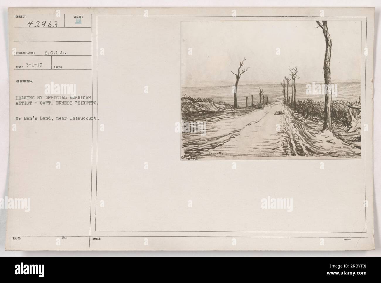 A photograph taken near Thiaucourt, France, shows No Man's Land during World War One. The image was captured by S.C.Lab. Rico on 3-1-19, using an issued drawing created by American artist Capt. Ernest Peixotto. Stock Photo