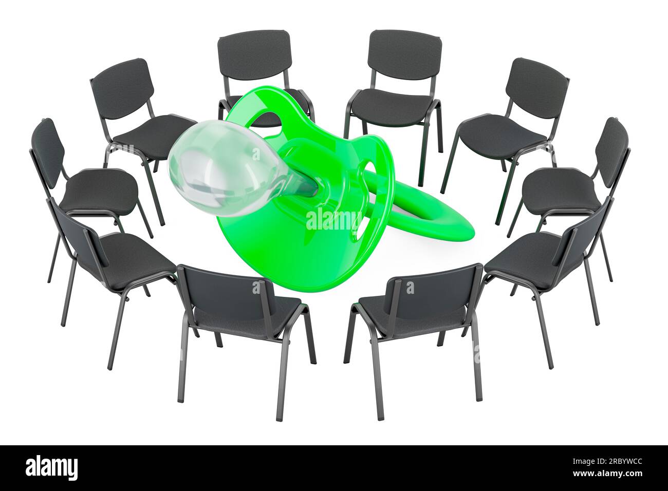 Chairs in a circle with baby pacifier, 3D rendering isolated on white