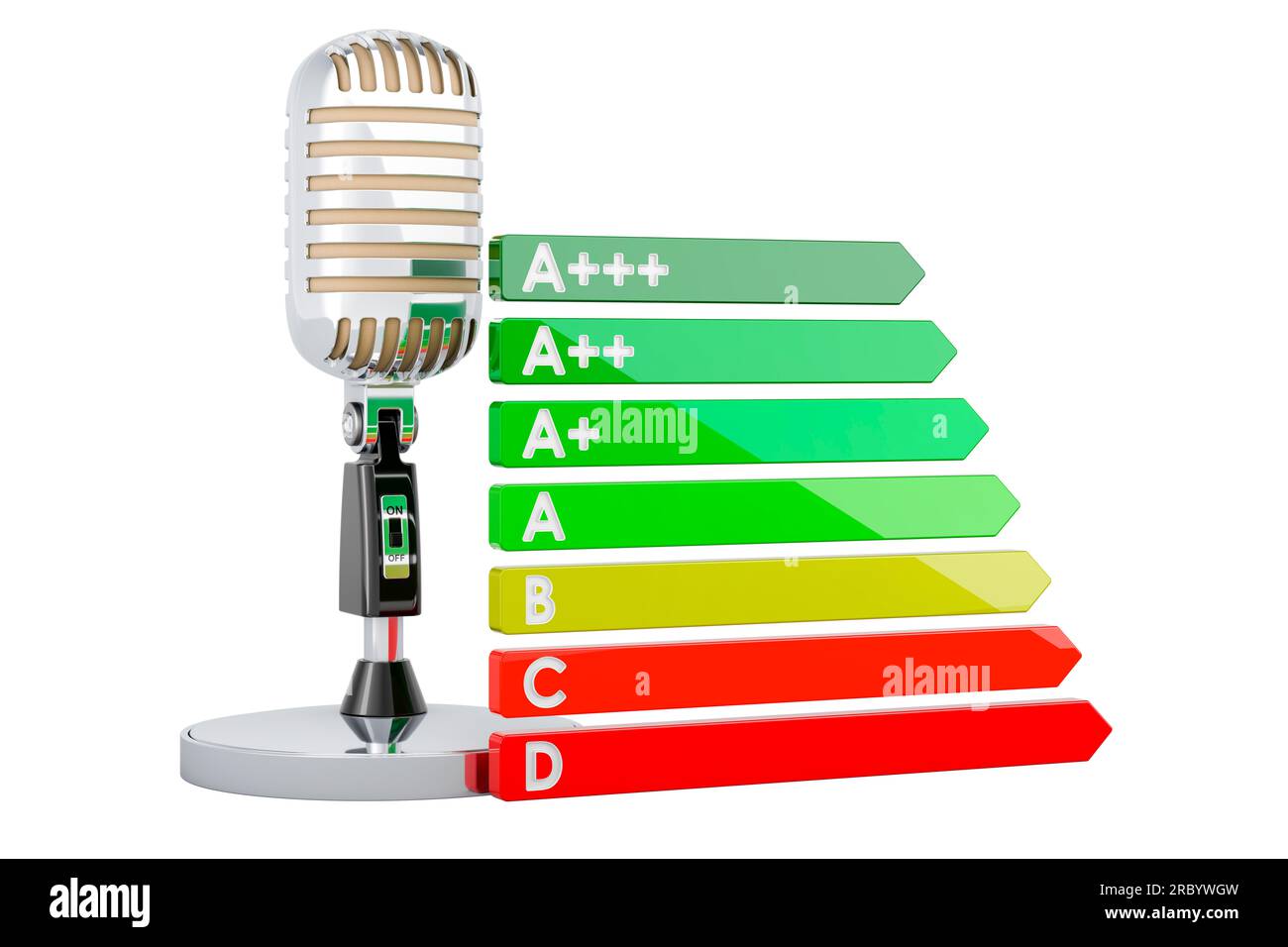 Retro microphone with energy efficiency chart. 3D rendering 