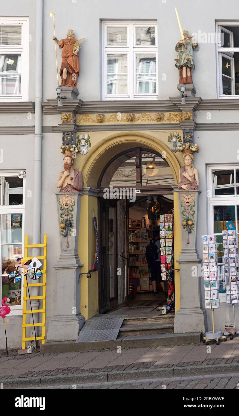Lueneburg, Germany - July 7, 2023   This house on Am Berge Street in Lüneburg's Old Town has a richly decorated Renaissance portal. It was built in 15 Stock Photo