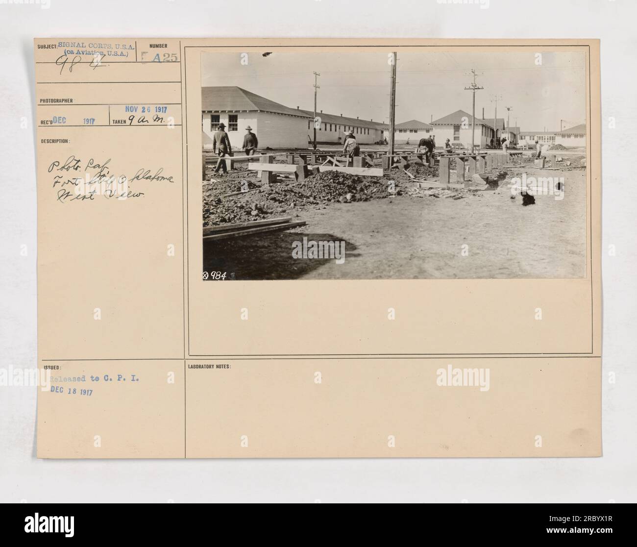 This photograph shows the photo lab at Fort Sill, OK during World War One. The west view of the lab is depicted. The image is dated November 26, 1917 and was taken at 9am. The photograph was taken by RICODEC 1917. It was issued and released to C. P. I. on December 18, 1917. Stock Photo