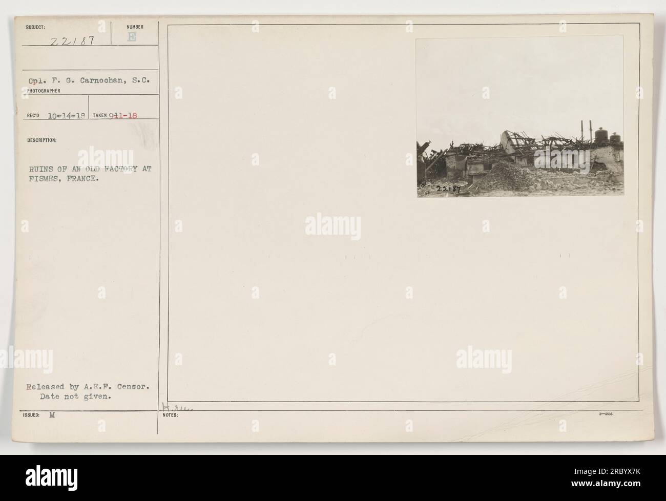 Cpl. P. G. Carnochan from the Signal Corps took this photograph, identified as 111-SC-22187. The image shows the ruins of an old factory in Fismes, France. The photograph was taken during World War I and released by the A.E.F. Censor, although the specific date is not mentioned. Stock Photo