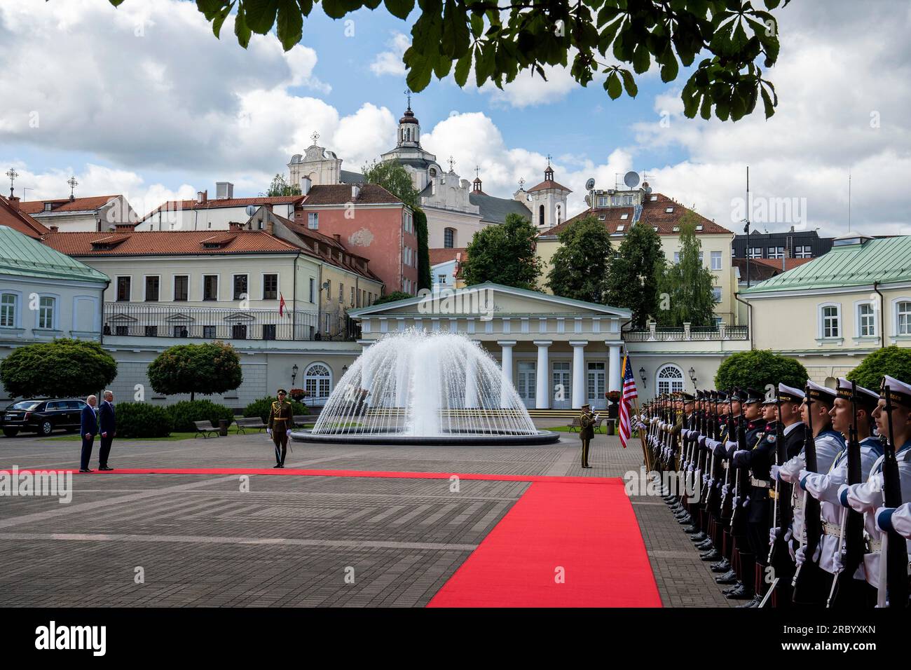 Vilnius, Lithuania. 11th July, 2023. U.S President Joe Biden, left, stands with Lithuanian President Gitanas Nauseda, right, during an official welcome ceremony at the Presidential Palace, July 11, 2023 in Vilnius, Lithuania. Biden meet with Nauseda before the start of the NATO Summit. Credit: Adam Schultz/White House Photo/Alamy Live News Stock Photo