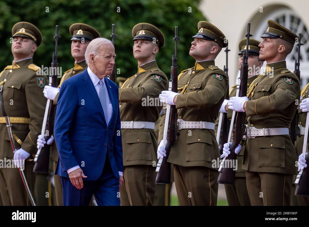 Vilnius, Lithuania. 11th July, 2023. U.S President Joe Biden reviews a military honor guard during an official welcome ceremony at the Presidential Palace, July 11, 2023 in Vilnius, Lithuania. Biden meet with Nauseda before the start of the NATO Summit. Credit: Adam Schultz/White House Photo/Alamy Live News Stock Photo