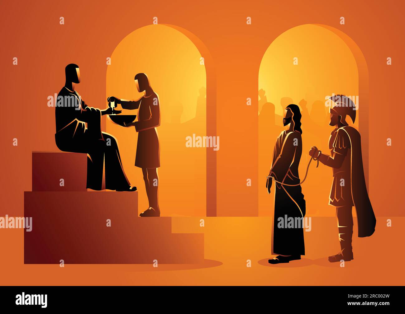 Biblical vector illustration series. Way of the Cross or Stations of the Cross, Pilate condemns Jesus to die. Stock Vector