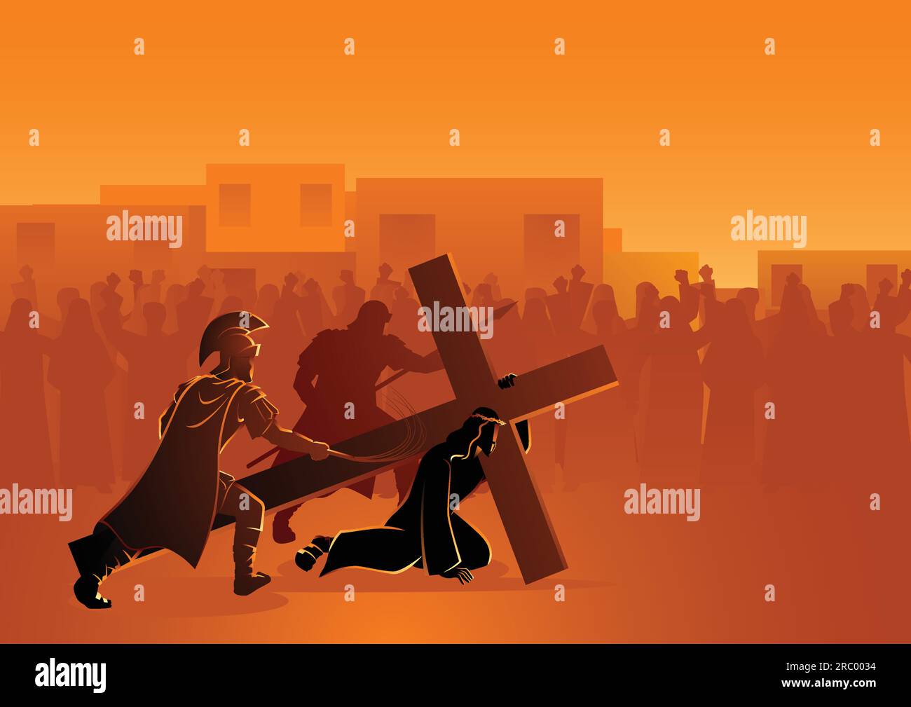 Biblical vector illustration series. Way of the Cross or Stations of the Cross, Passion of Christ. Stock Vector