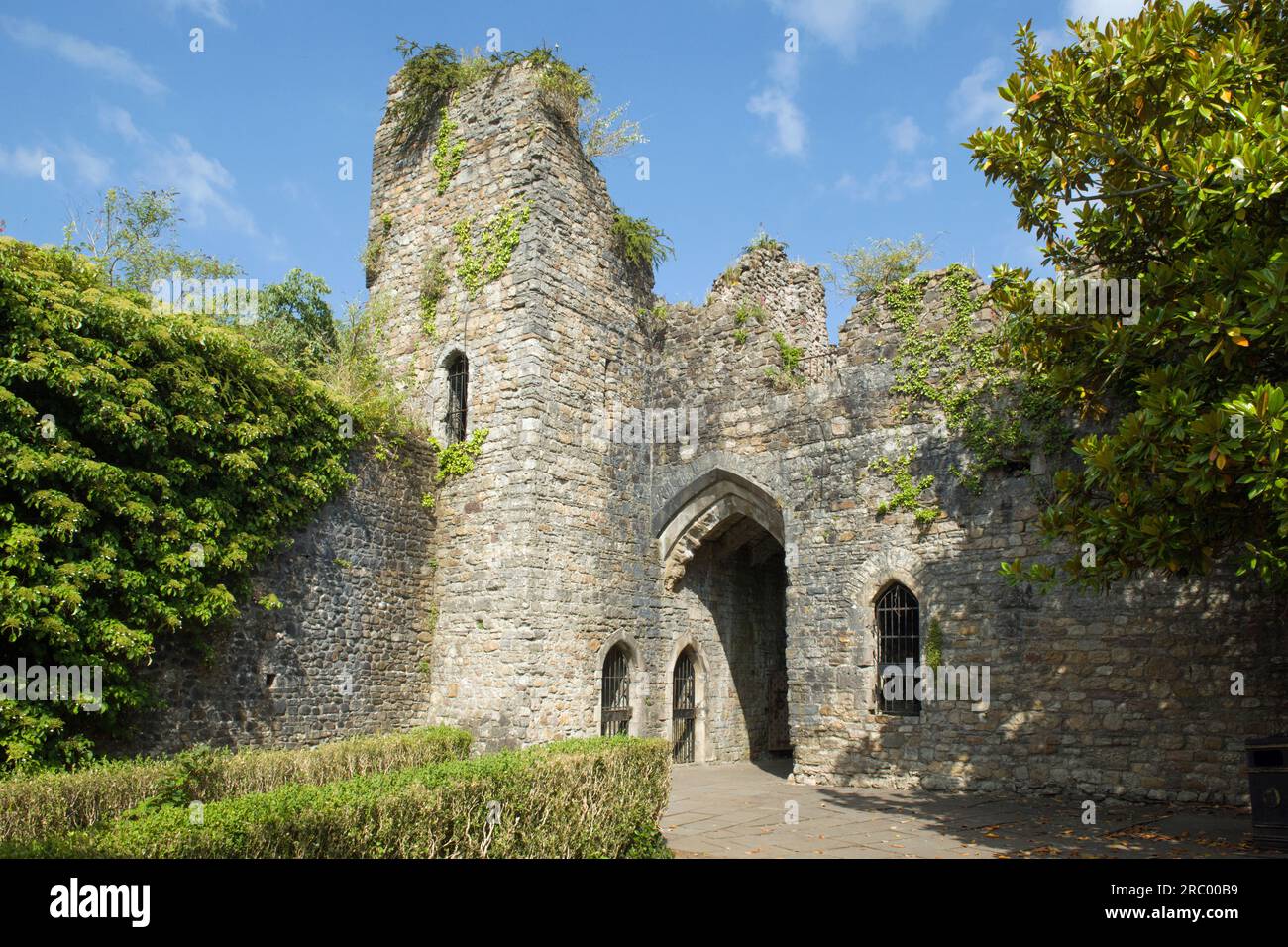 The Bishop's Palace castle in the village of Llandaff from the inside with not a lot of it left now. Inside is a still and peaceful garden to sit. Stock Photo