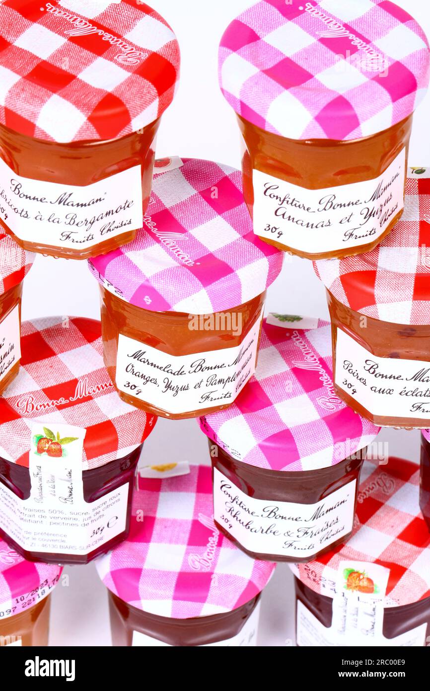 Individual Bonne Maman jars of jam Stock Photo