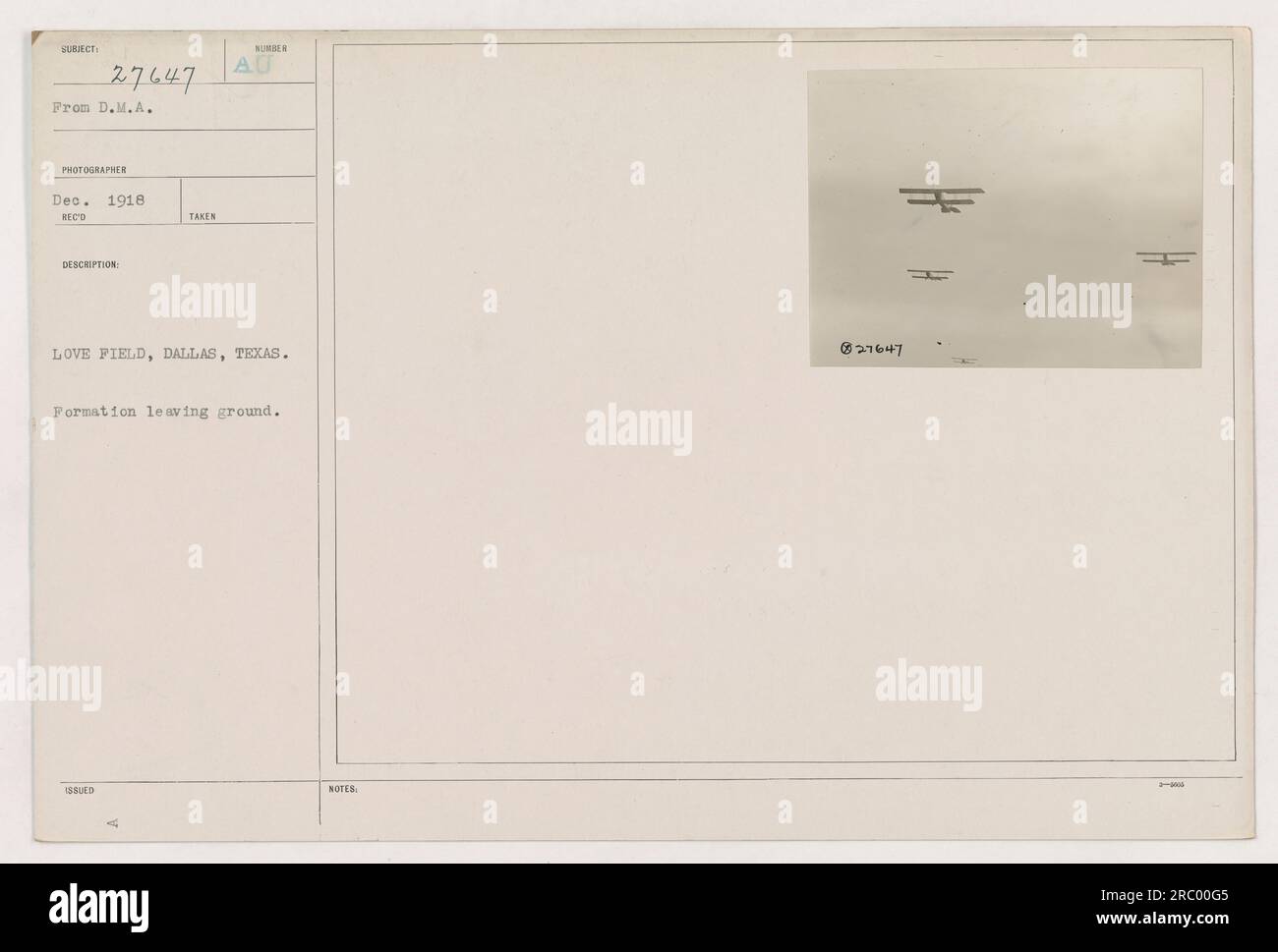 A formation of military aircraft leaving the ground at Love Field in Dallas, Texas. This photograph was taken in December 1918. Stock Photo