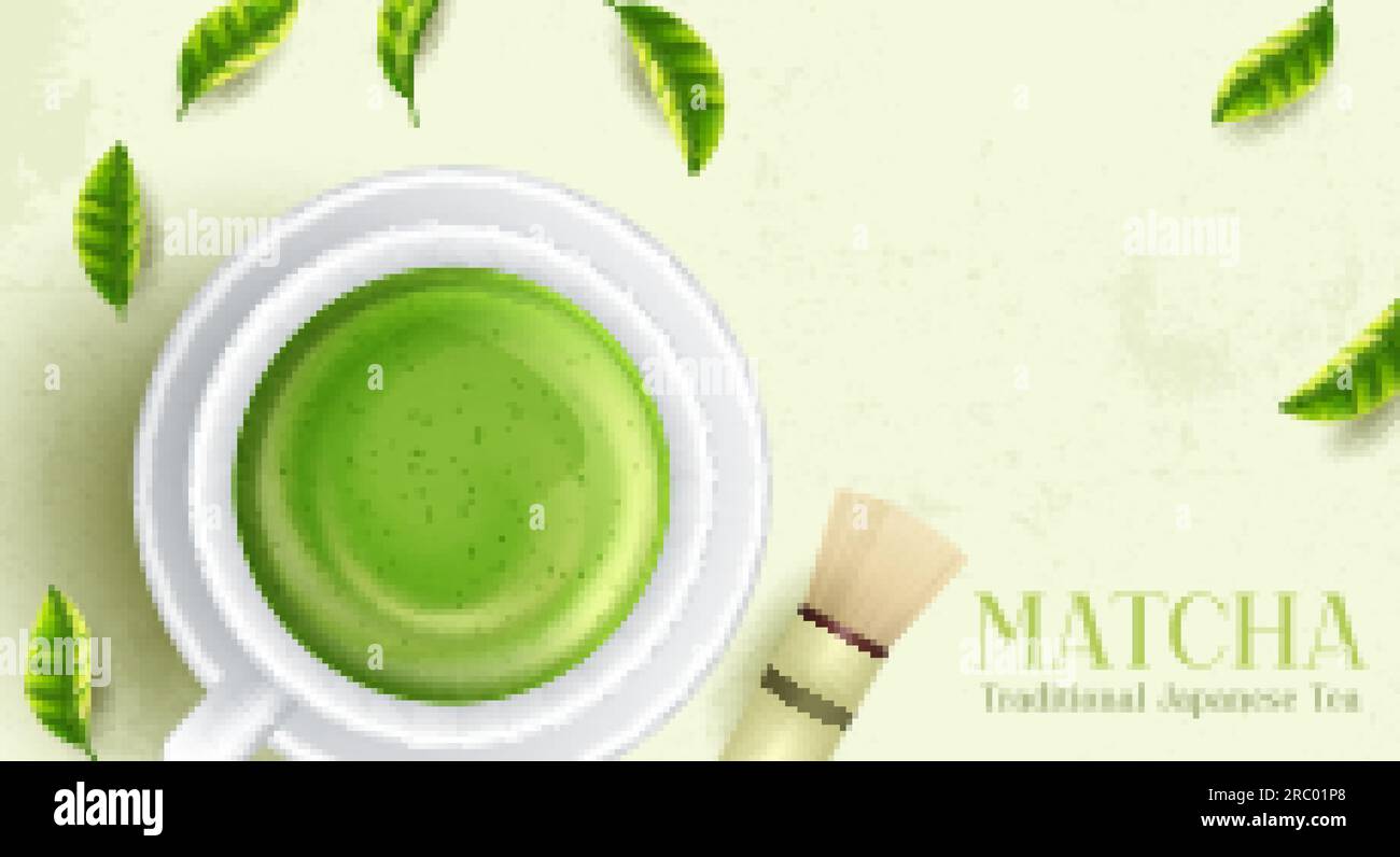 Green matcha tea drink and tea accessories. Japanese tea ceremony