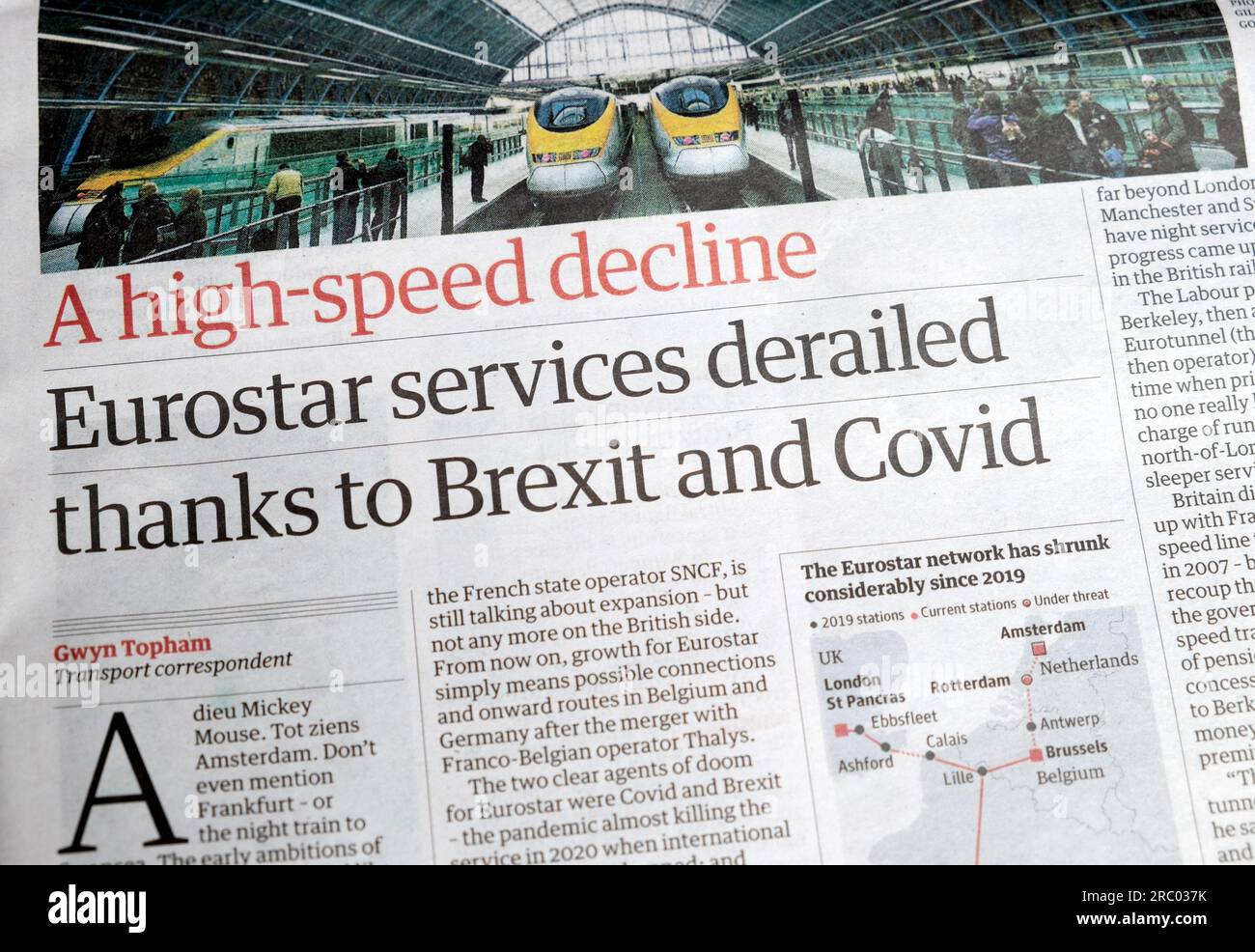 'Eurostar services derailed thanks to Brexit and Covid' Guardian Business newspaper headline high-speed decline transportation 24 June 2023 London UK Stock Photo
