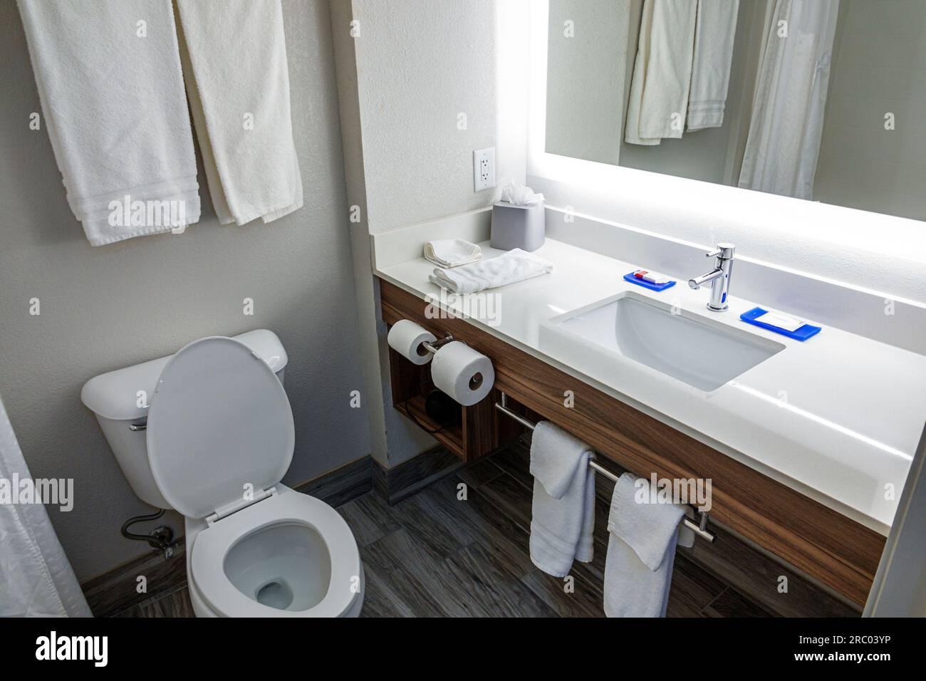 Alpharetta Atlanta Georgia,Holiday Inn Express Alpharetta - Roswell IHG Hotel,inside guest bathroom sink toilet towels Stock Photo