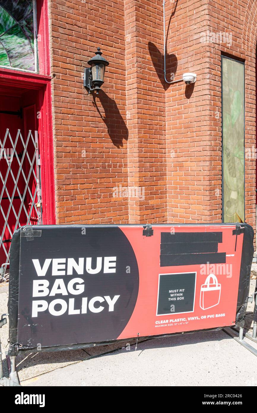 Atlanta Georgia,The Tabernacle live music venue,bag policy sign,outside exterior,building buildings,front entrance Stock Photo