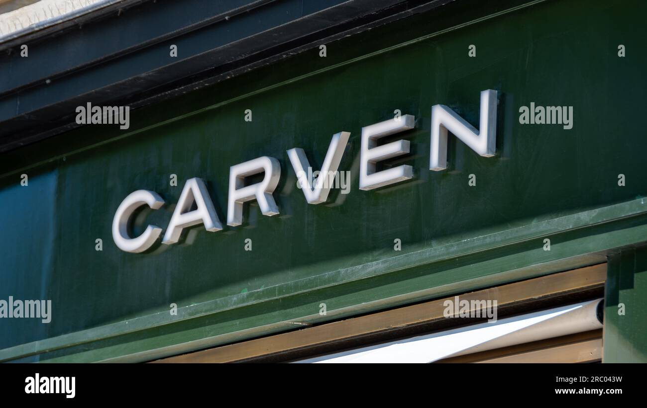 Commercial sign of a Carven boutique in the Champs-Elysees district of Paris, France. Carven is a French ready-to-wear fashion clothing brand Stock Photo