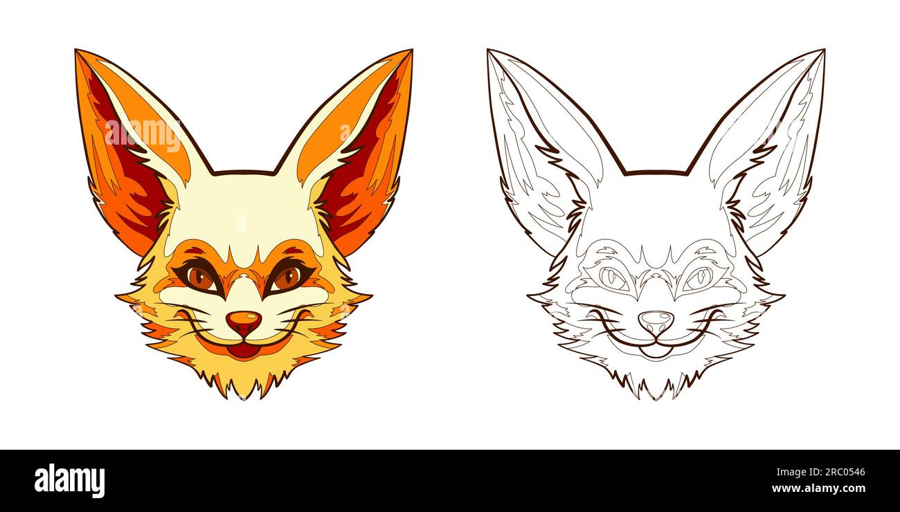 Fennec fox head coloring book page. Antistress coloring book with an animal for children and adults. Vector illustration. Stock Vector