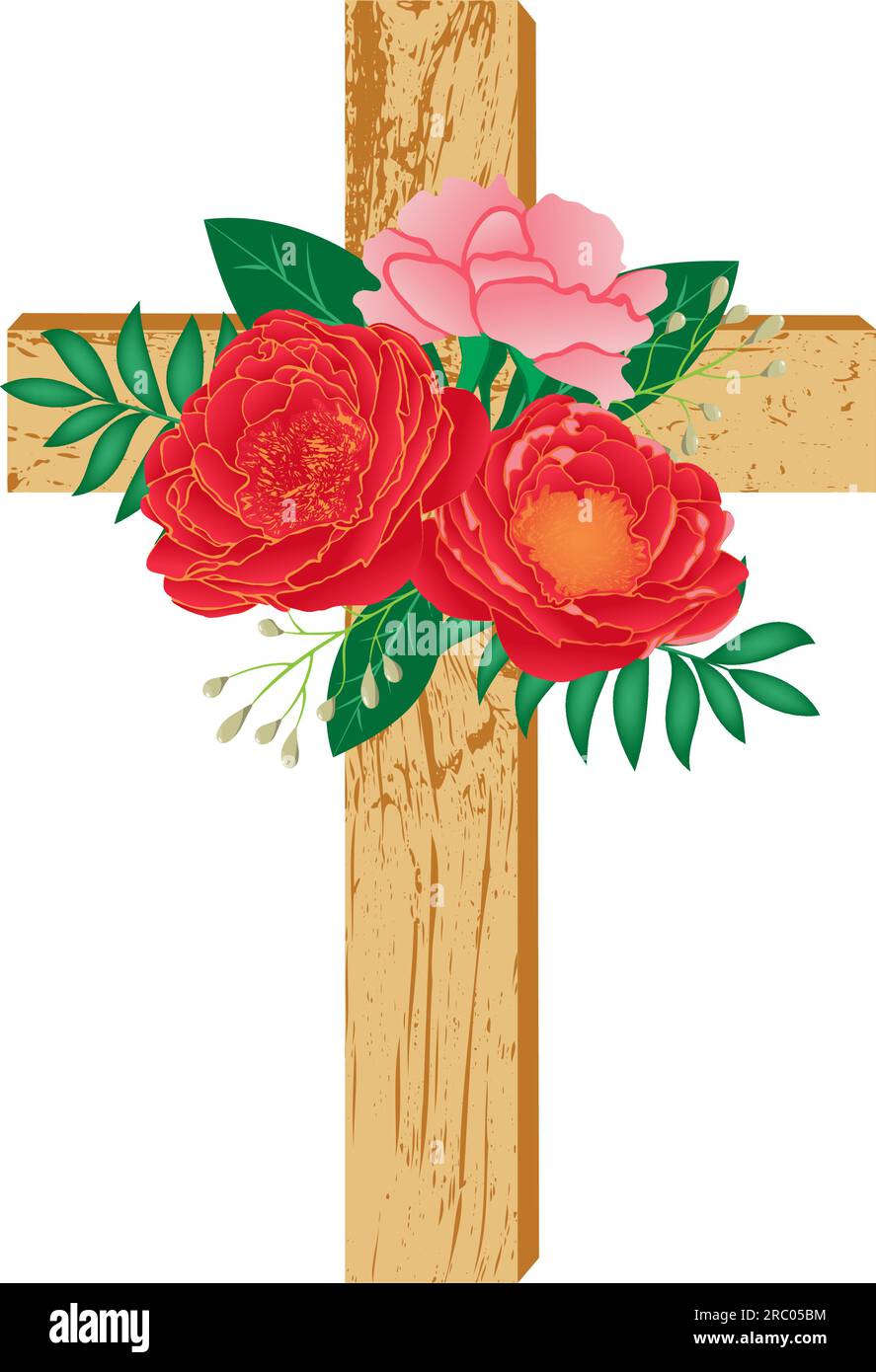 Baptism cross with red flowers. Wooden cross decorated with flowers and leaves. Vector illustration. Stock Vector