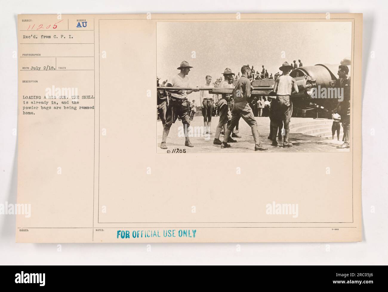 Soldiers loading a large gun during World War I. The shell is already ...