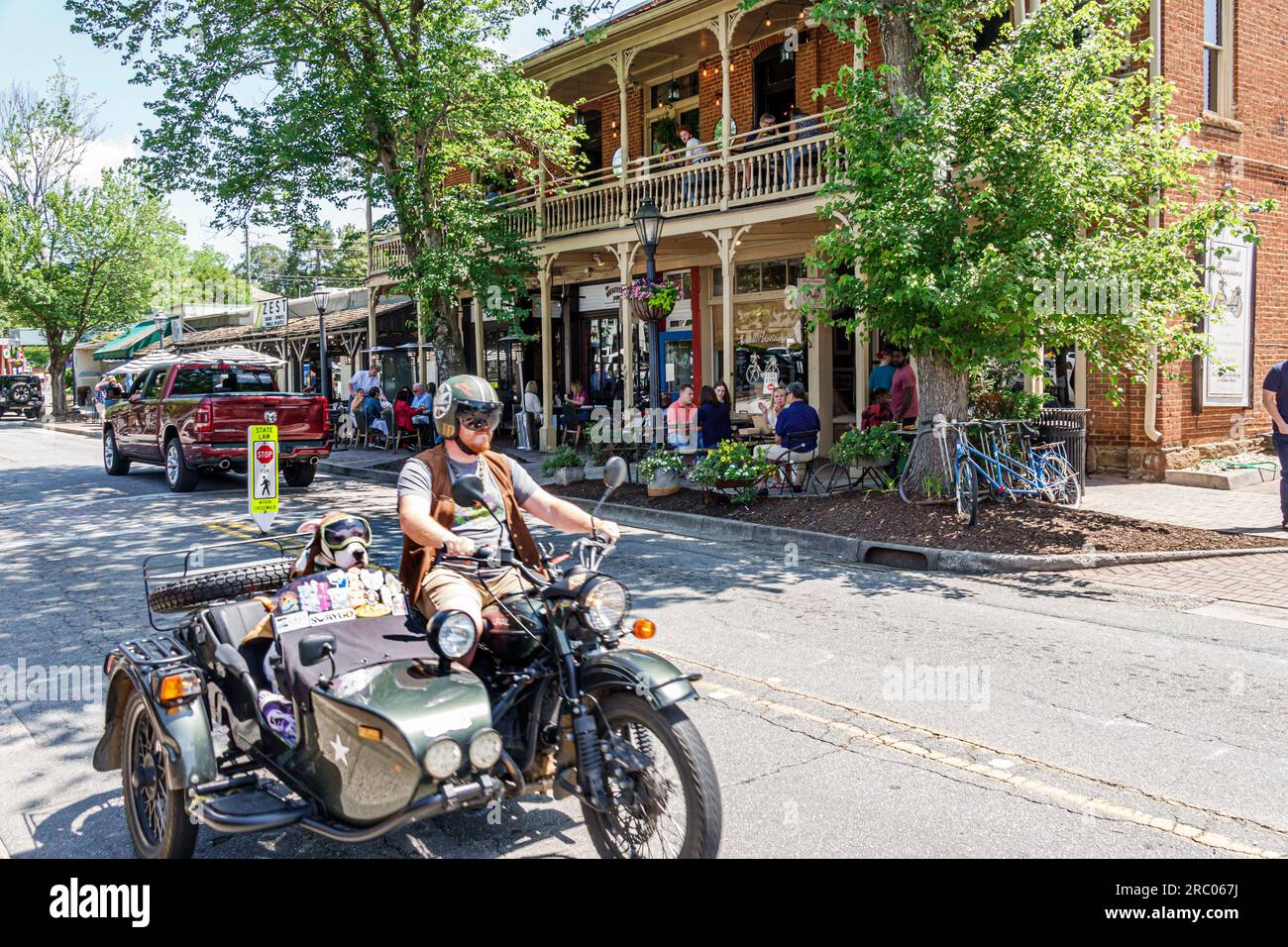 Roswell Atlanta Georgia,Canton Street,restaurant dine dining eating out,casual cafe bistro food,business,motorcycle sidecar dog wearing goggles Stock Photo