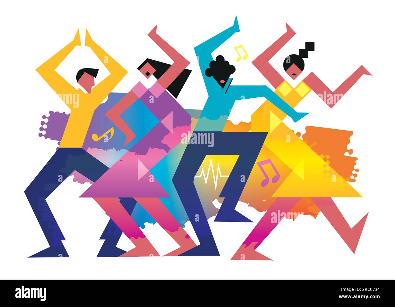 Two dancing couples, wild crazy dance party, cartoon. Abstract stylized Illustration of disco dancers. Isolated on white background. Vector available Stock Vector