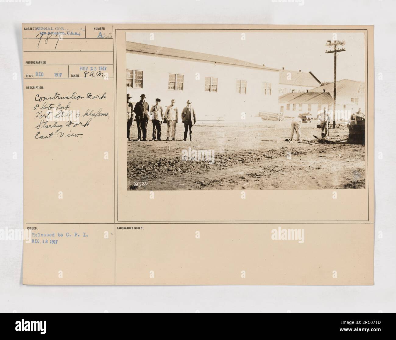 'Image of the construction site of the Photo Lab at Fort Sill, Oklahoma. The photo was taken in 1917 and shows the initial stages of construction. The view captured is from the east side. This image was released on December 18, 1917, and is marked as 111-SC-987 in the collection.' Stock Photo