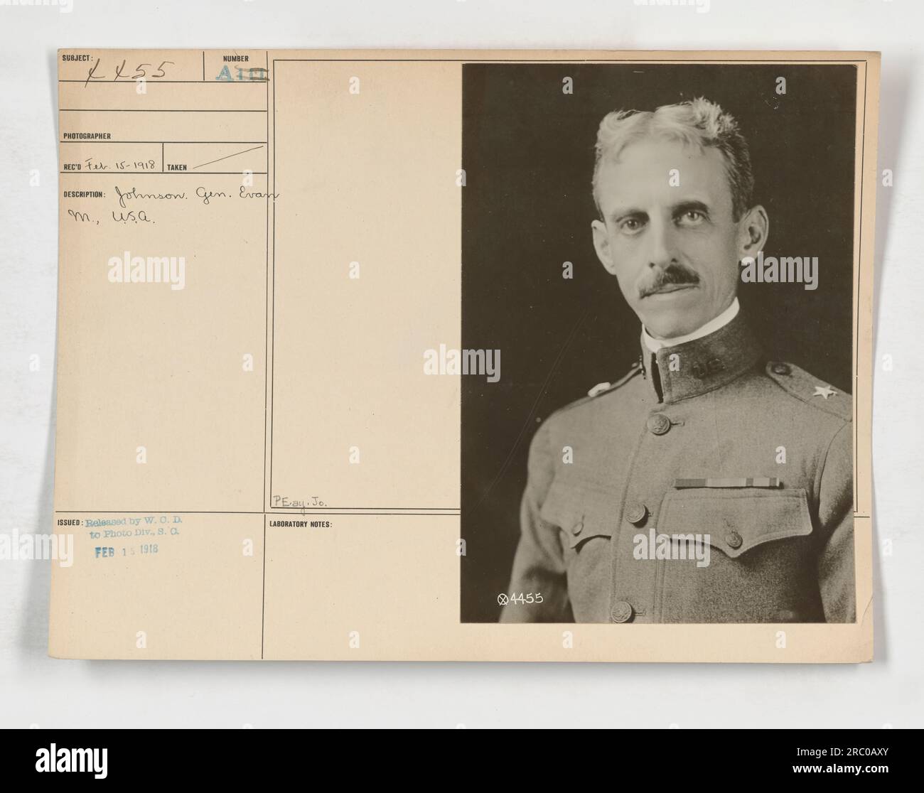 General Evan M. Johnson of the United States Army. February 15, 1918. Photo taken by an unknown photographer. This image was released by the War Office to the Photo Division on February 15, 1918. Laboratory notes indicate that it is assigned the number 04455. Stock Photo