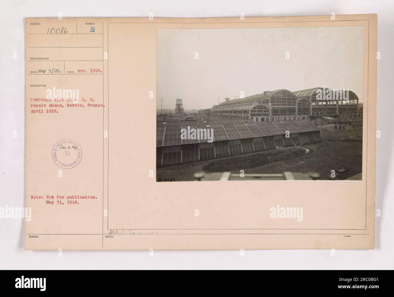 P.L.M. repair shops in Nevers, France, in April 1918. This panoramic view showcases the facilities used for repairing military equipment during World War I. The photograph was taken by Surect photographer and is part of the 111-SC-10086 series. Note that it was not meant for publication. Stock Photo