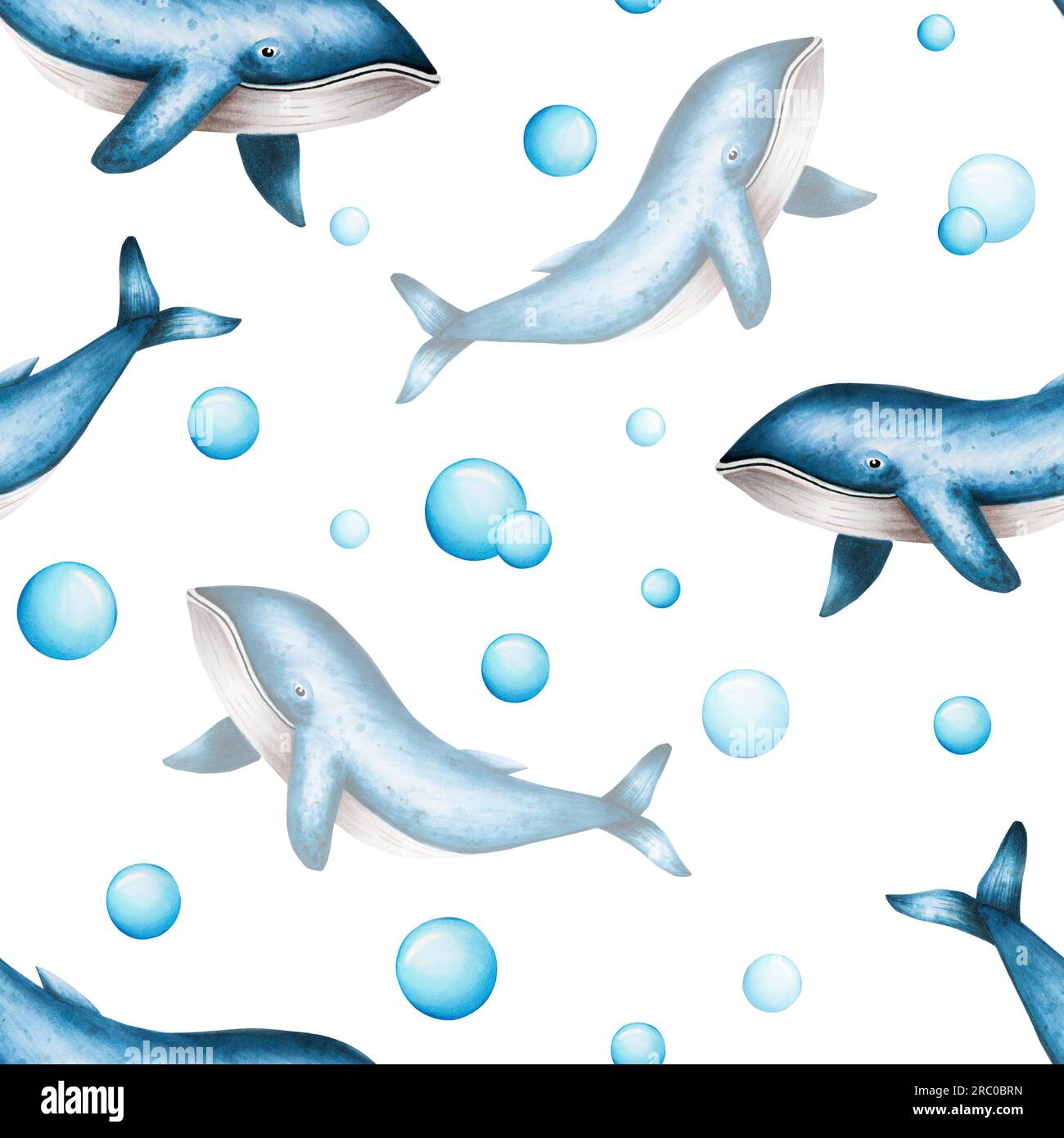 Watercolor seamless pattern with blue whales isolated on white ...
