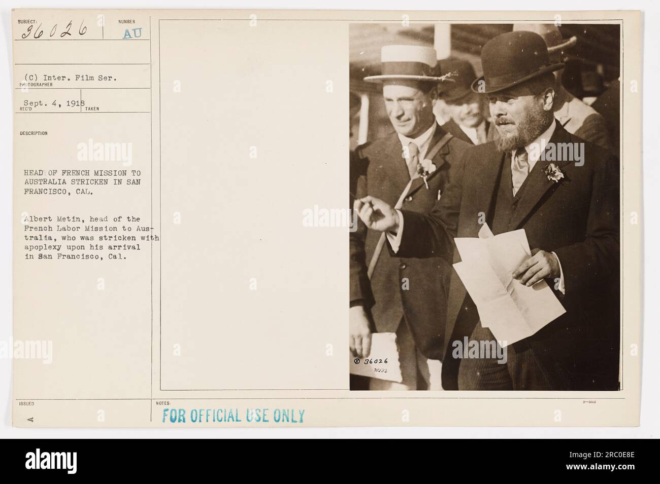 Caption: Albert Metin, head of the French Labor Mission to Australia, pictured in San Francisco, California. Metin was taken ill with apoplexy upon his arrival. This photograph (36026) was taken on September 4, 1918, and belongs to the International Film Service collection. Unauthorized use is prohibited. Stock Photo