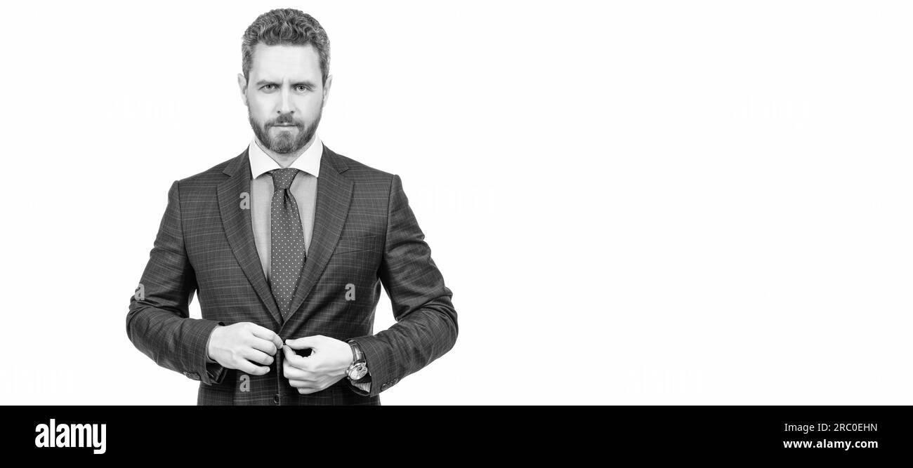 Man face portrait, banner with copy space. Middleaged businessman wear