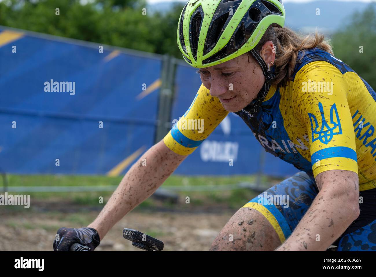 Ukrainian rider Iryna Popova on gravel uphill during 2023 UEC MTB Elite