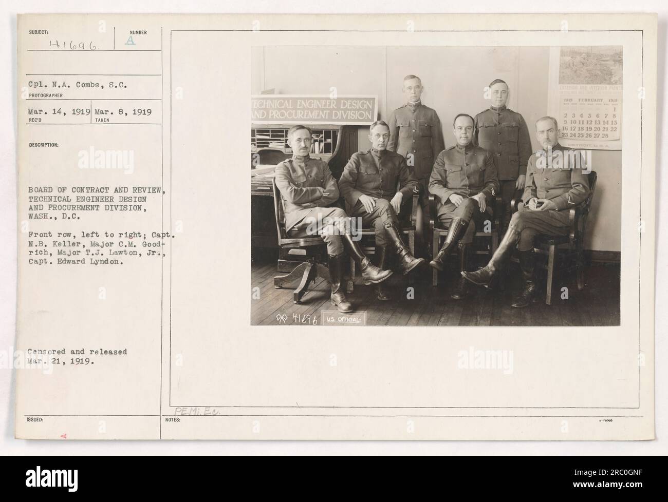 Caption: 'Photograph of the Number Board of Contract and Review, Technical Engineer Design and Procurement Division, taken on March 8, 1919, in Washington D.C. Front row, left to right: Capt. N.B. Keller, Major C.M. Goodrich, Major T.J. Lawton, Jr., Capt. Edward Lyndon. The photo was censored and released on March 21, 1919.' Stock Photo