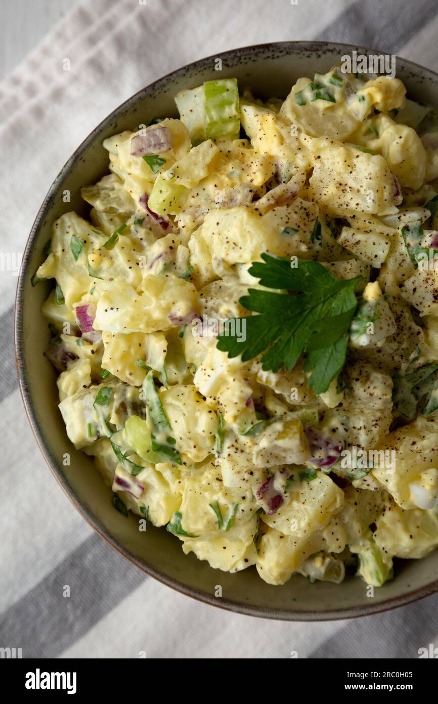 Homemade Potato Egg Salad with Pickles in a Bowl, top view. Flat lay